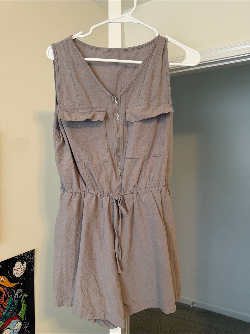 Women's Sleeveless Taupe Romper Dress with Front Zip